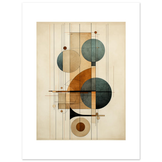 A modern geometric abstract art print titled "Clockwork I", featuring a series of overlapping circles in deep blues, browns, and greens, intertwined with vertical and horizontal lines against a vintage-inspired background. A harmonious blend of contemporary design with classic undertones. Ideal for elevating the aesthetic of any space.