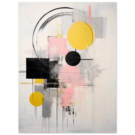 Contemporary abstract wall art titled "Aufgang," showcasing a blend of soft pink, black, and vibrant yellow circles, with free-flowing paint drips, offering a visual representation of growth and new beginnings.