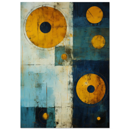 An abstract wall art titled "Navigation" showcasing bold circles in amber gold and deep blue hues. The artwork combines distressed textures and overlapping patterns, reminiscent of ancient navigational tools against a vast expanse, symbolizing exploration and guidance.