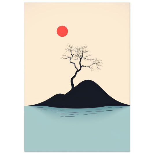 A contemporary wall art titled "Long Distance" depicting a lone tree on a dark hill, juxtaposed against calm waters with a radiant red sun in the background. This minimalist modern art print embodies solitude, reflection, and the beauty of nature.