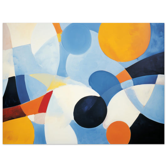 Abstract artwork featuring overlapping circles in shades of blue and orange titled "Subtle Contrasts".
