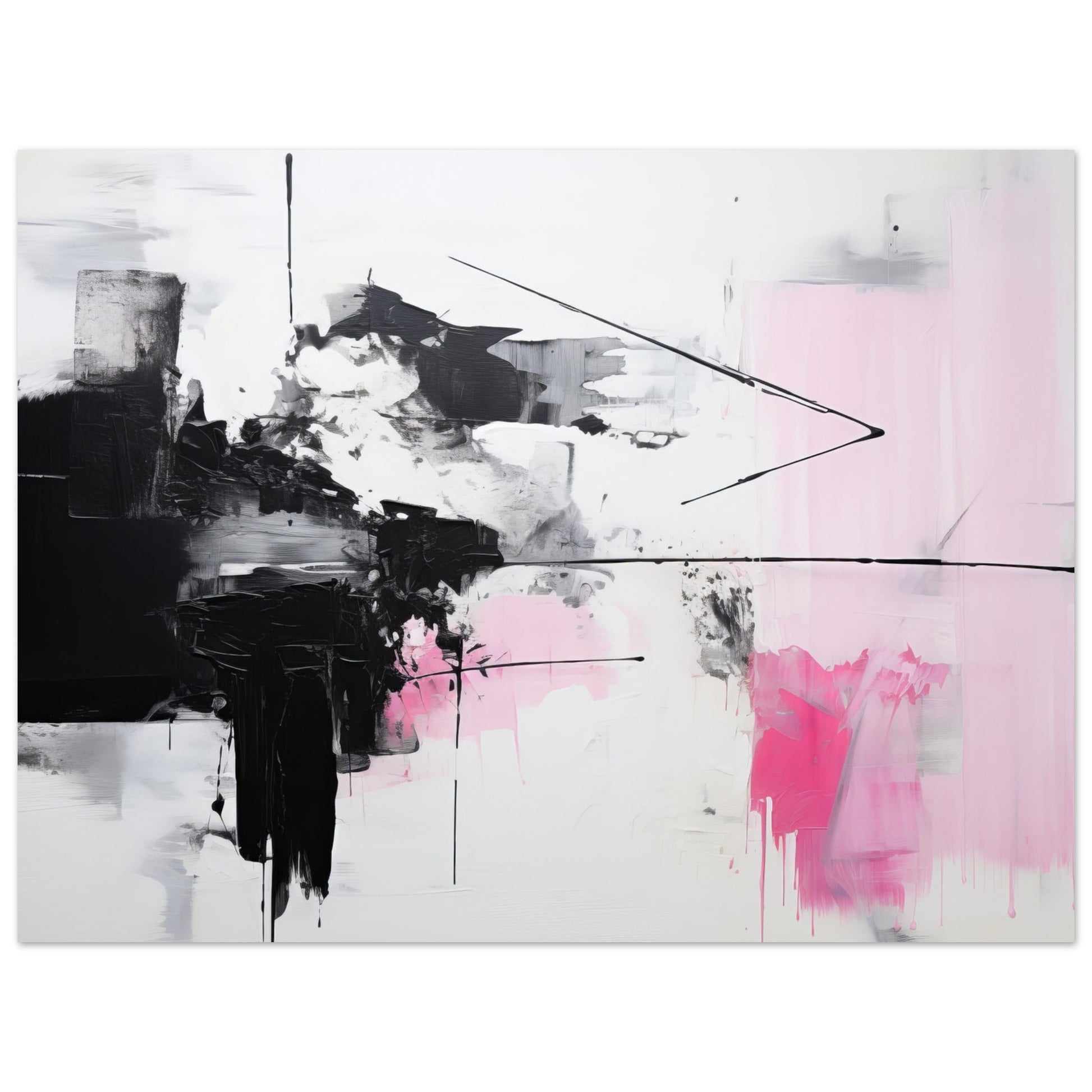 A contemporary abstract wall art titled "Ohne Titel" showcasing a mix of black and white patterns with striking pink accents. The painting portrays a blend of solid shapes, brush strokes, and drips, reflecting the myriad of emotions and experiences.