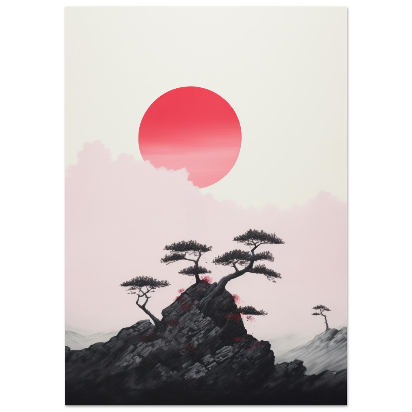 A minimalist contemporary art print titled "Cevenya", showcasing a bold red sun setting behind a rocky landscape with elegantly poised trees. The gentle pastel clouds contrast with the intense heat implied by the sun, creating a harmonious balance in nature's depiction.