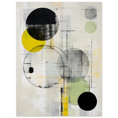 Modern abstract wall art titled "Austin," highlighting a combination of circles in black, yellow, and green, set against a pale background with deliberate paint strokes and drips, symbolizing both harmony and spontaneity.