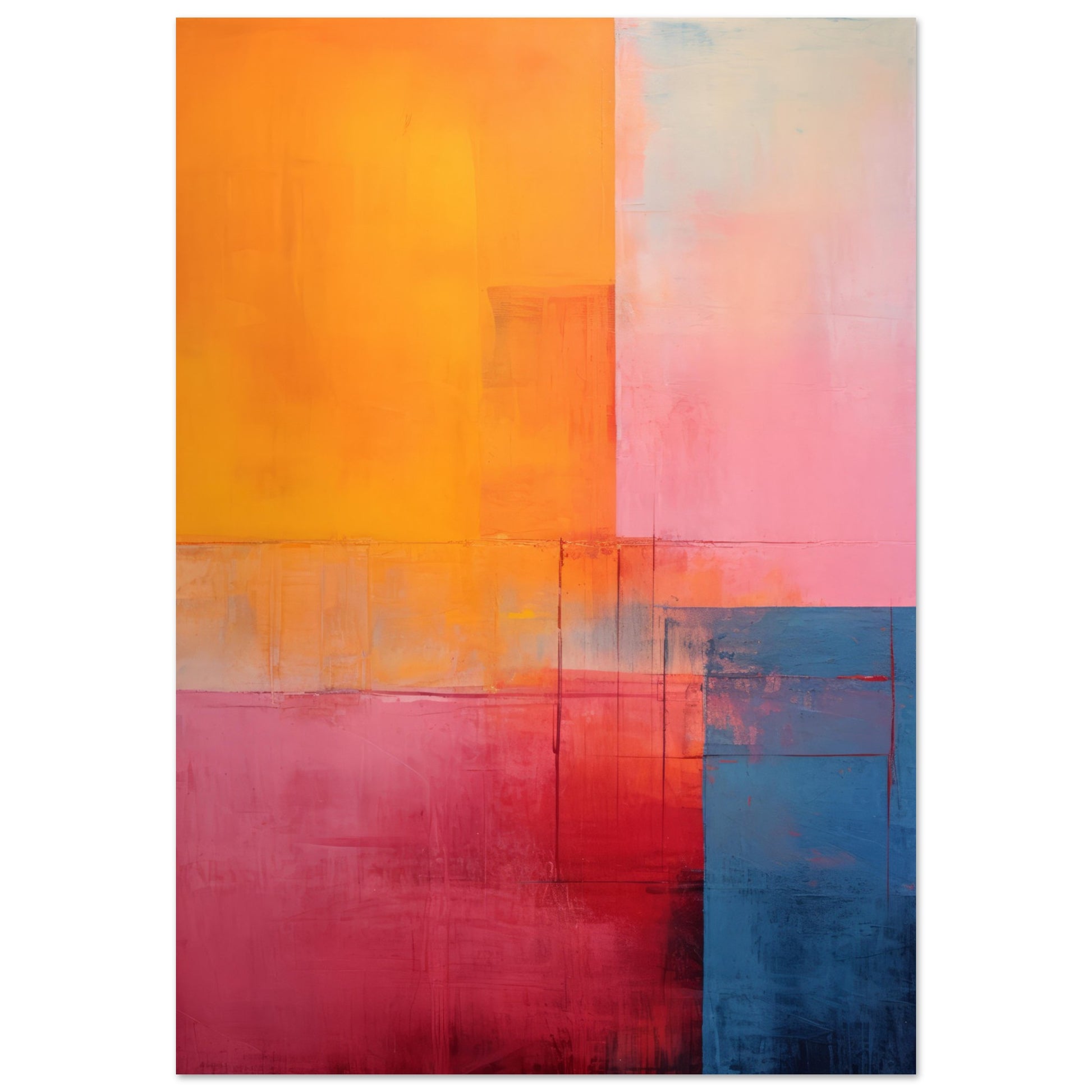 Modern abstract art print "Completed" with a blend of warm red and orange and cool blue, pink white tones in a structured composition.