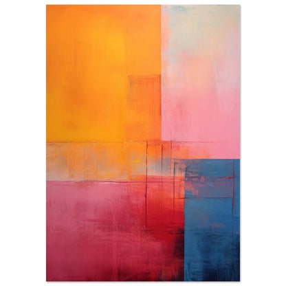 Modern abstract art print "Completed" with a blend of warm red and orange and cool blue, pink white tones in a structured composition.