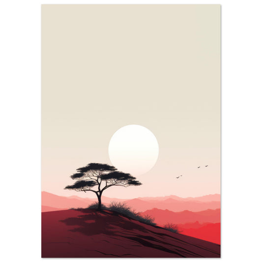 Minimalist nature scene with a lone tree silhouette against a backdrop of a neutral-colored sun, transitioning from cool to warm tones titled "Heat".