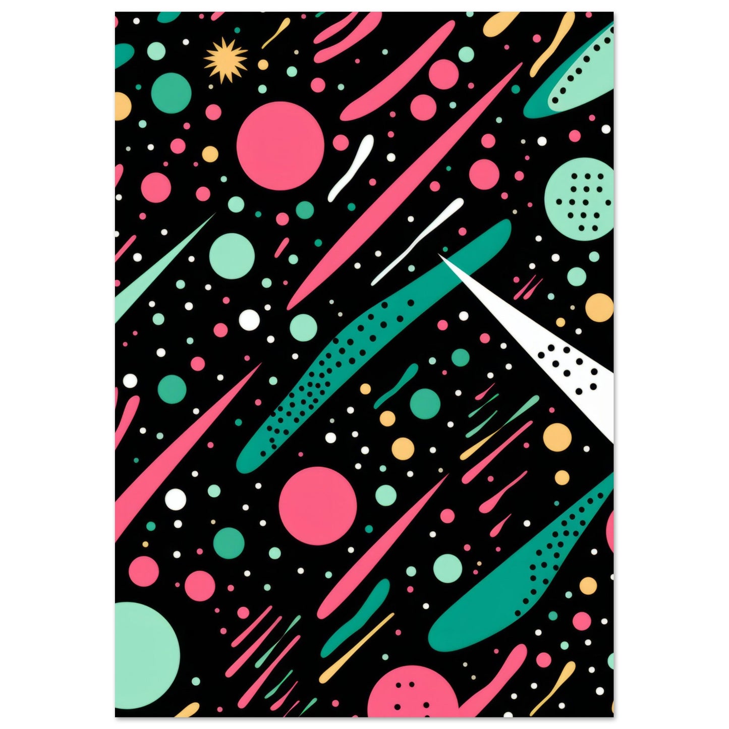 A modern art print titled "Happy Debris," featuring an energetic ensemble of colorful dots, lines, and shapes set against a deep black background. The vibrant hues of pink and green, combined with the abstract design, evoke a sense of joyful space debris, creating a stunning piece of contemporary wall decor.