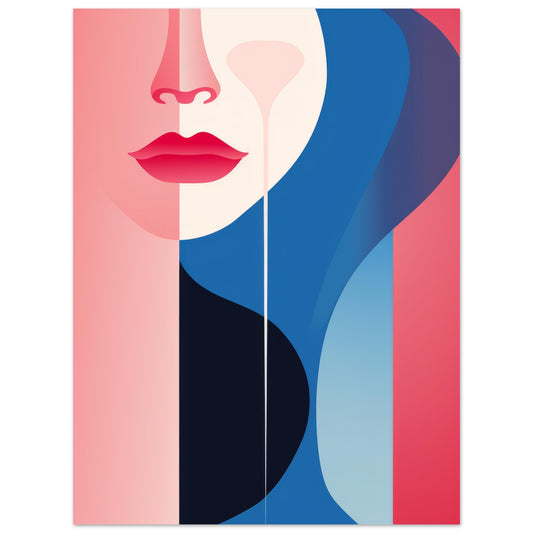 Minimalist modern art print of a female face with prominent red lips and layered pastel colors titled "Hawm".