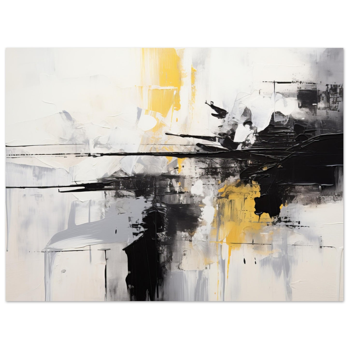 A modern abstract art print titled "Fragile" showcasing a blend of chaotic black and white brushstrokes, with striking accents of yellow. This piece embodies vulnerability and the delicate balance of life, making it a poignant addition to contemporary wall decor.