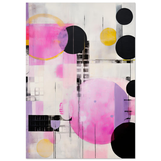 "Construct Me" modern abstract art featuring circles and geometric shapes in pink, yellow, and black tones.