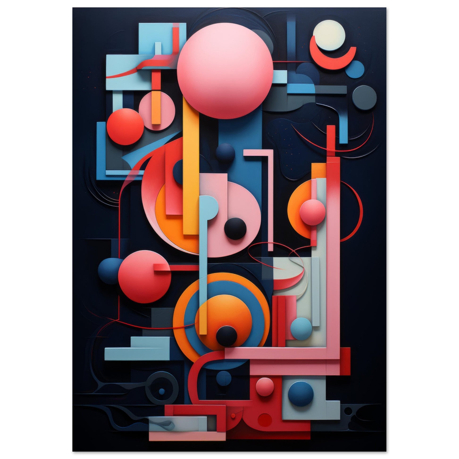 A contemporary 3D art piece titled "Candymanics," showcasing a plethora of vibrant geometric shapes intermingling against a dark backdrop. The composition is intricate, with spheres, rectangles, and lines coming together in a harmonious dance of color and form, embodying both complexity and whimsy.