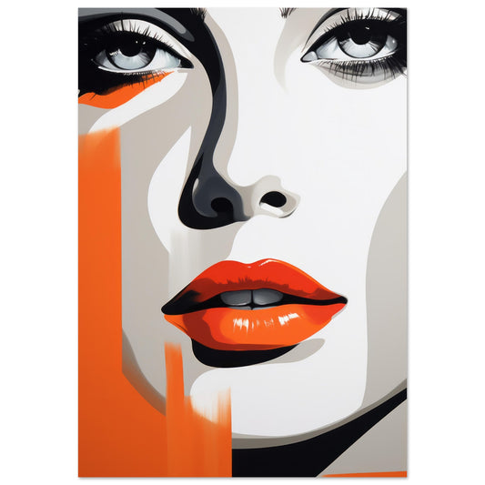 A contemporary art print titled "Gaze" depicting a close-up of a woman's face, characterized by captivating eyes and vibrant orange lips against a matching orange background. This modern piece symbolizes the depth and intrigue of the female gaze.