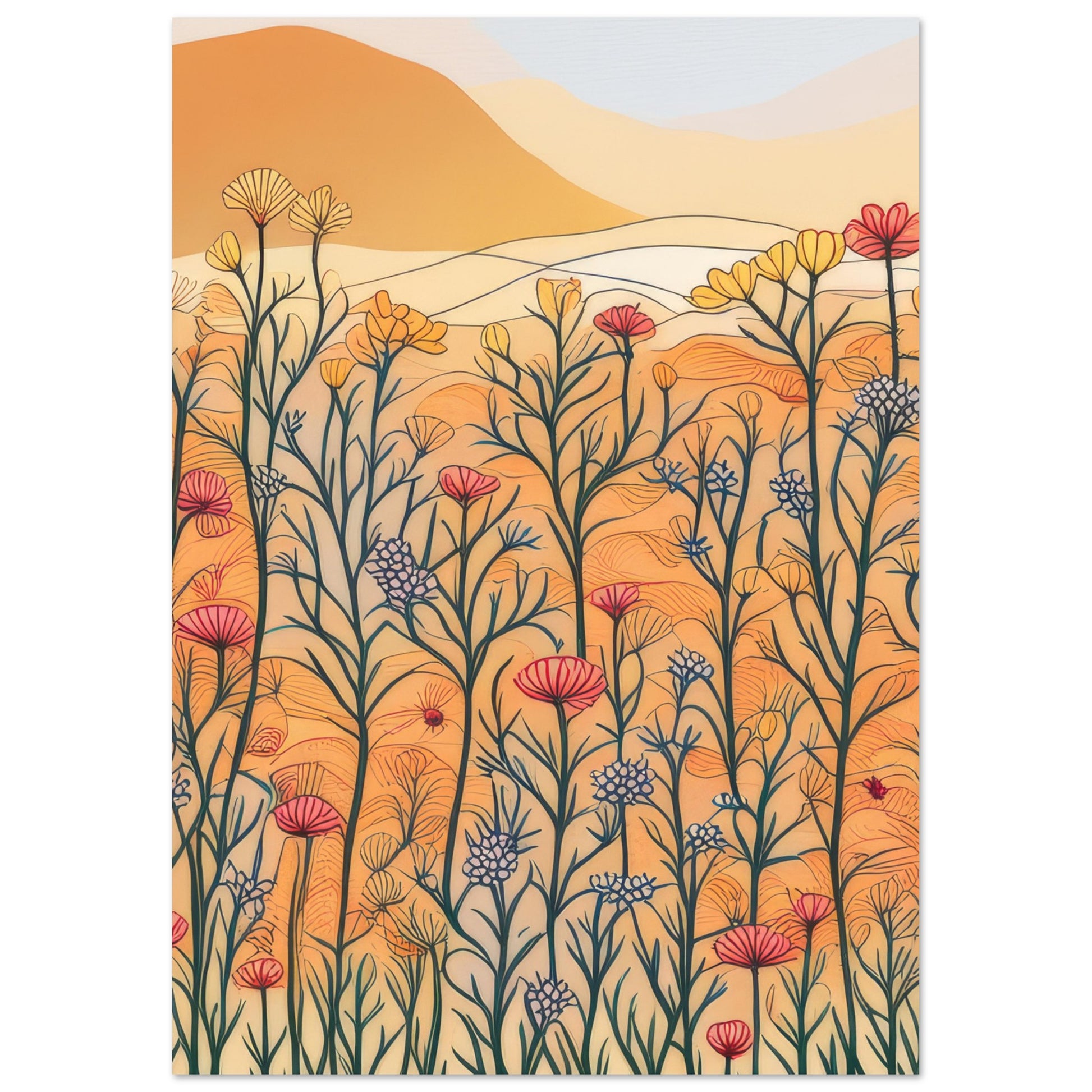 A modern art print titled "Floral Orange" featuring a lush meadow filled with wildflowers in vivid oranges, reds, and greens. A soft landscape with rolling hills forms the backdrop, encapsulating the serenity and magic of nature. A captivating addition for those who cherish both contemporary art and the beauty of the natural world.