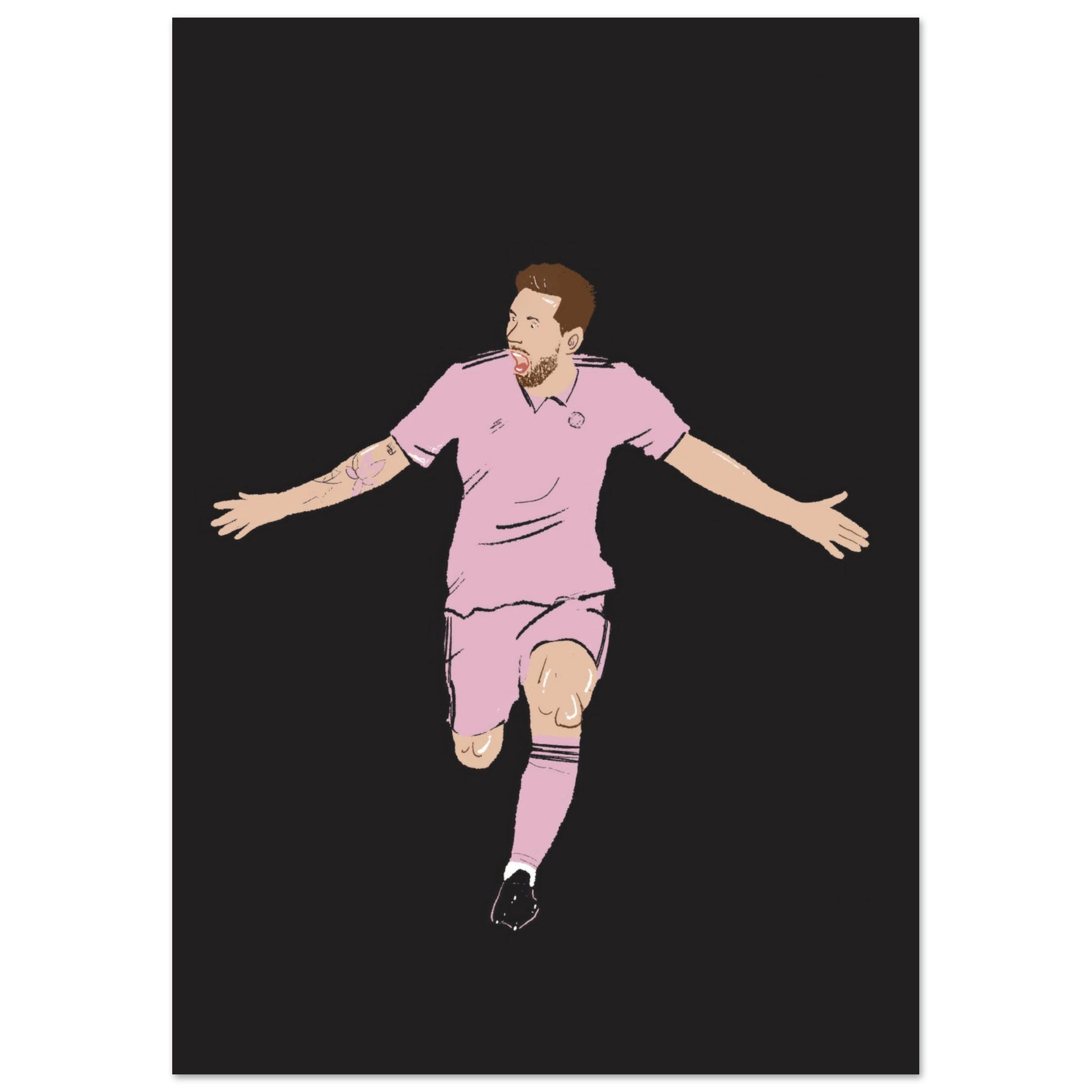 Graphic print of football icon Lionel Messi in action, donning Inter Miami's distinctive pink jersey against a contrasting black background. 