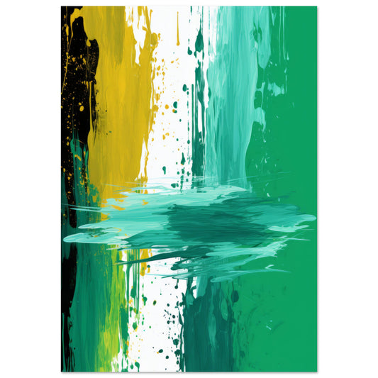 A contemporary abstract wall art titled "Petrichor" with bold splashes and drips of yellow, green, and teal, representing the refreshing scent of wet earth after rain.