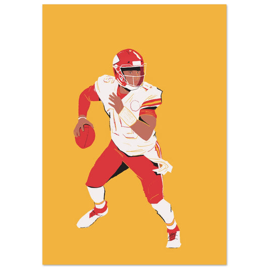 Graphic print titled "Finding The Moment" displaying Patrick Mahomes as a quarterback in a poised stance against a vibrant yellow background.