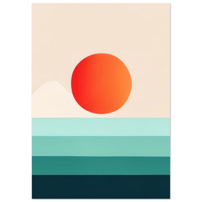 Minimalist modern art print titled "Horizon" featuring layered shades of teal, turquoise, and beige with a prominent orange sun, representing an abstract view of a horizon.