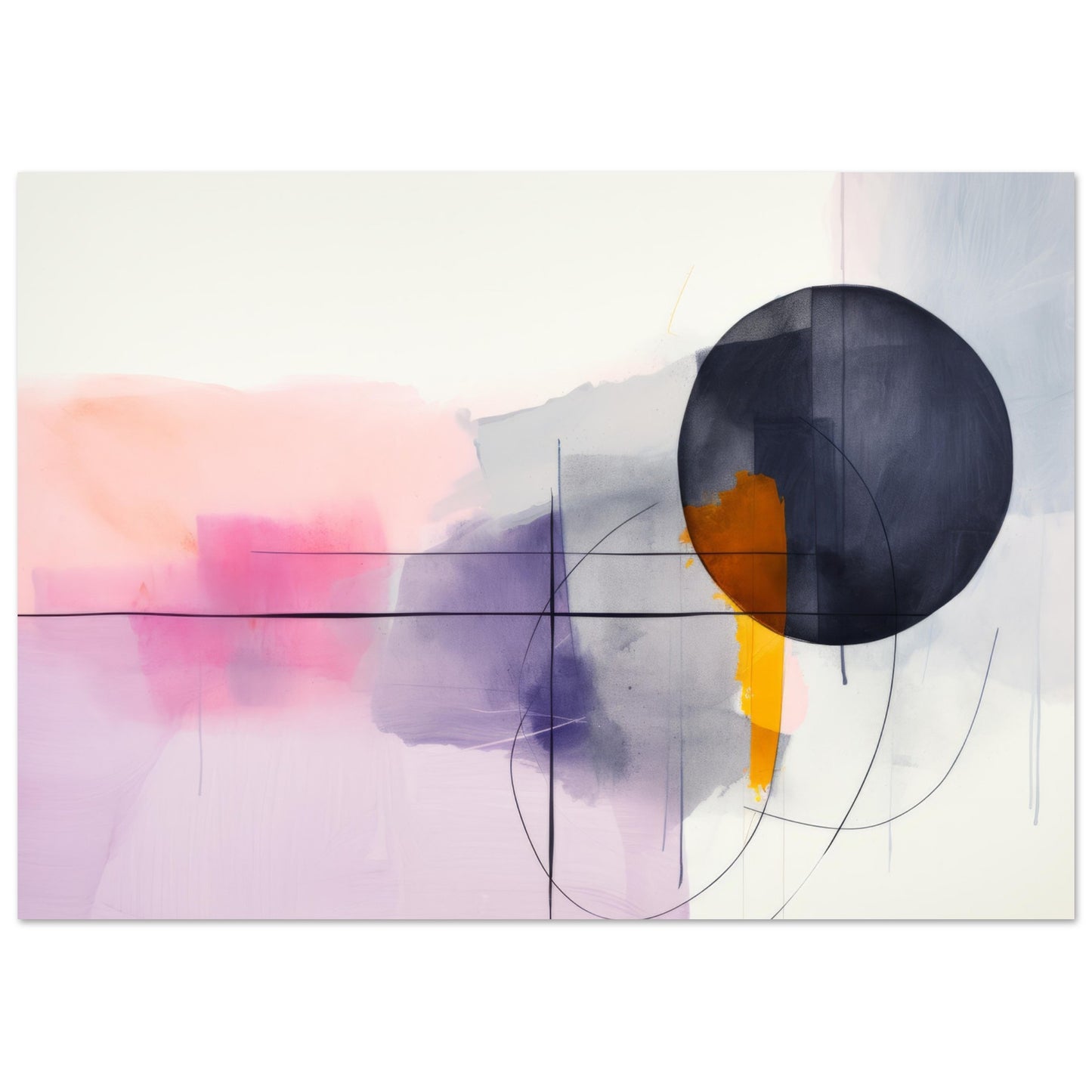 A contemporary art piece titled "Pragma Deego" showcasing an abstract watercolor design. Soft shades of pink, lavender, and gray form the backdrop, with a prominent navy circle and bold amber splash taking center stage. Fine lines intersect and meander, adding structure and depth to this modern masterpiece.