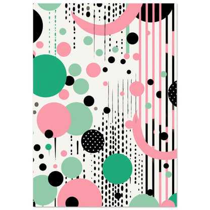A vibrant modern art print titled "Hanging Accessories," featuring an abstract ensemble of dots, circles, and vertical lines in shades of pink, green, and black. The design exudes a playful and dynamic feel, making it a perfect choice for contemporary wall decor.