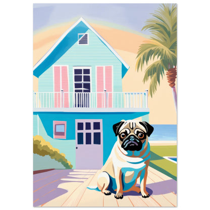 A minimalist art print titled "House Guard" featuring a comically serious pug standing in front of a pastel-colored beach house with a palm tree at sunset.