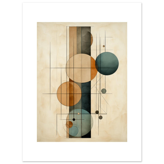 A captivating geometric abstract art print titled "Clockwork II", showcasing a series of interconnected circles in shades of teal, amber, and brown, complemented by an intricate array of lines. The composition effortlessly bridges the gap between contemporary design and vintage allure, making it a timeless piece for any decor.
