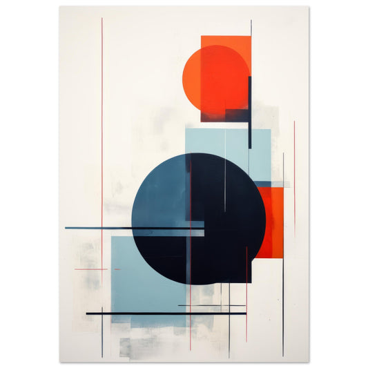 Modern abstract art titled "Trust" showcasing bold geometric circles in navy blue and red, complemented by linear designs, set against a muted background. A framed masterpiece perfect for contemporary wall decor.