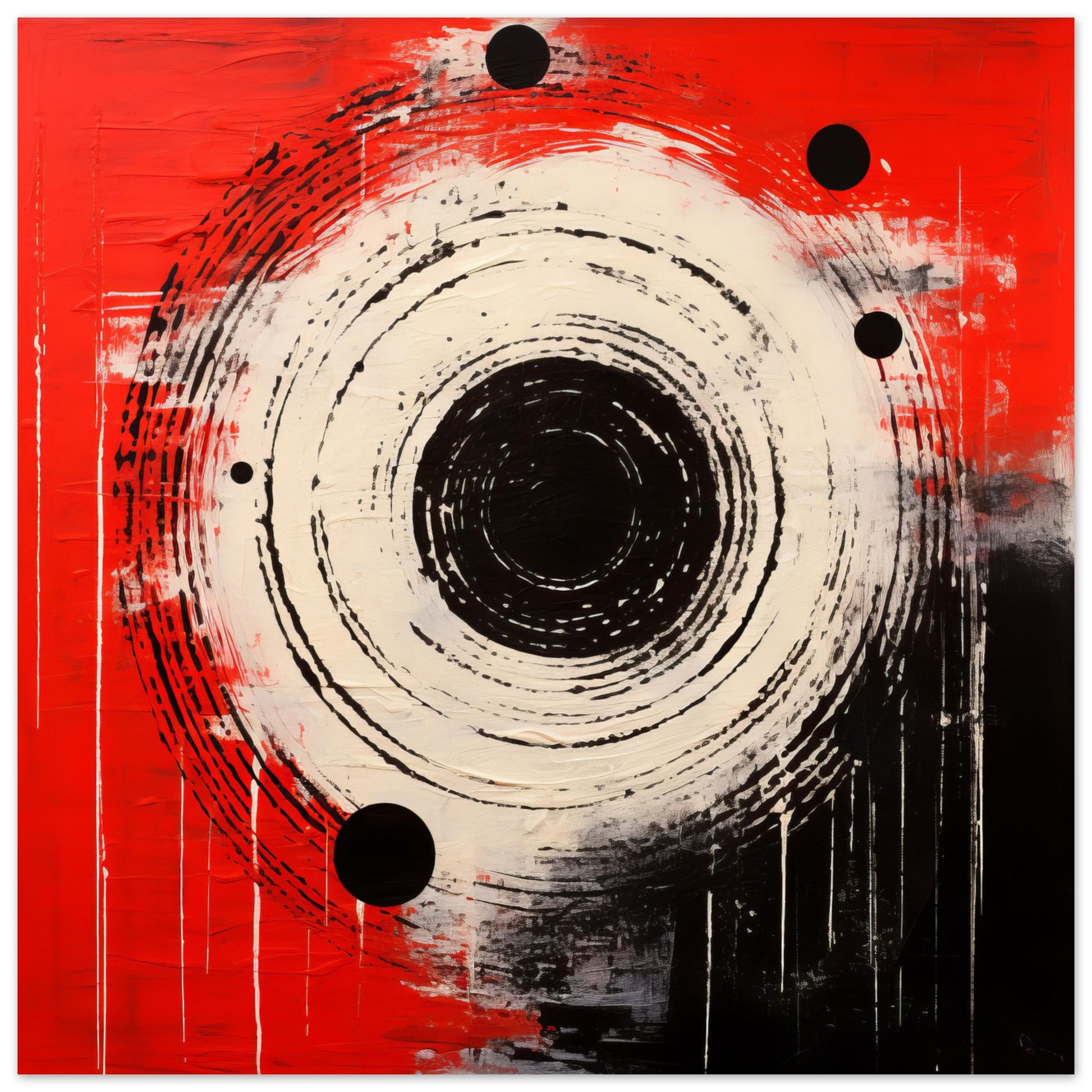 Abstract wall art titled "Bulls Eye," showcasing bold, concentric circles in black and white set against a fiery red backdrop. The piece is highlighted with expressive paint drips and black dots, exuding a sense of rustic elegance intertwined with modern design elements.