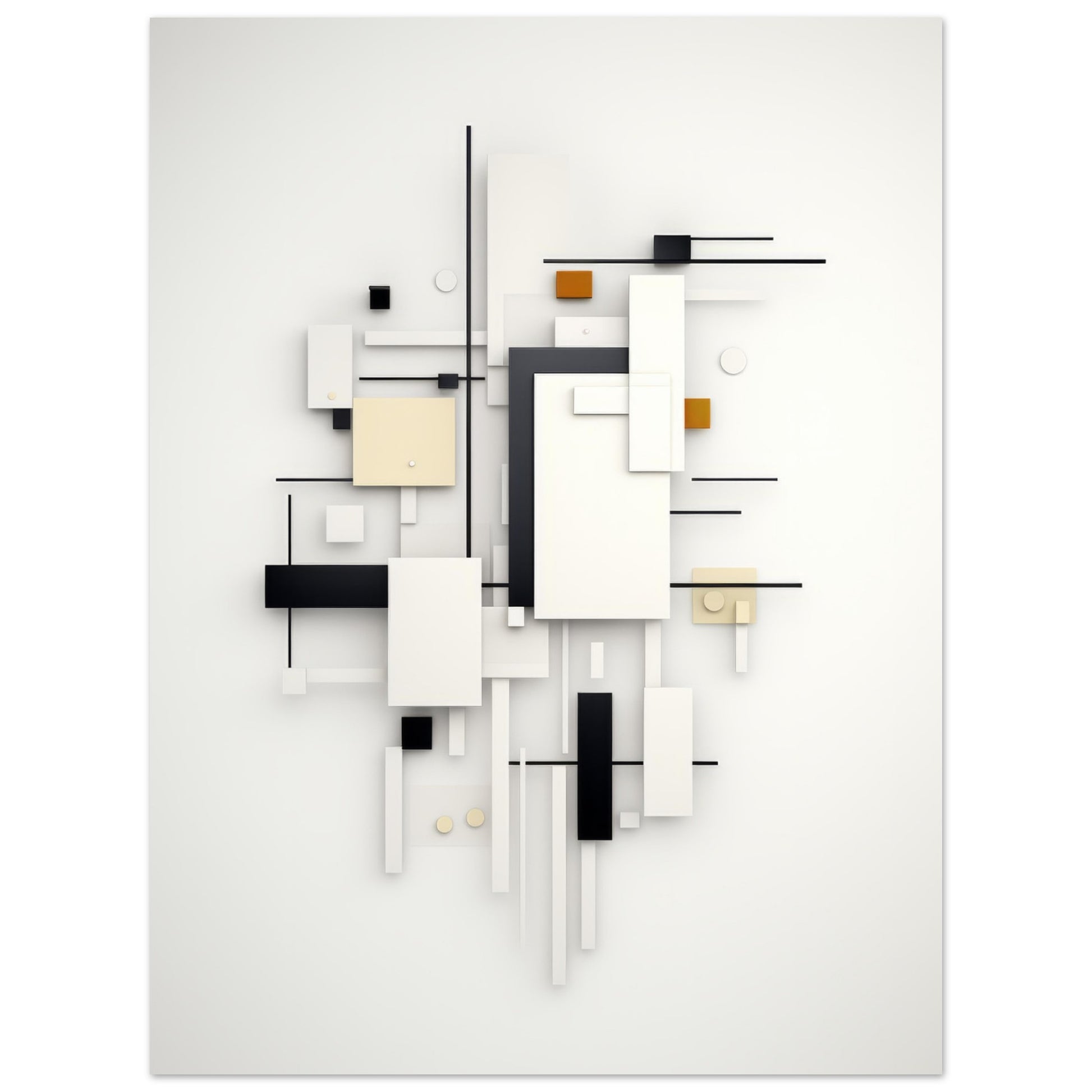 A contemporary framed artwork titled "Platine" that features an abstract geometric design in black, white, and touches of gold. The art piece displays a complex arrangement of lines and shapes, embodying the essence of modern design.