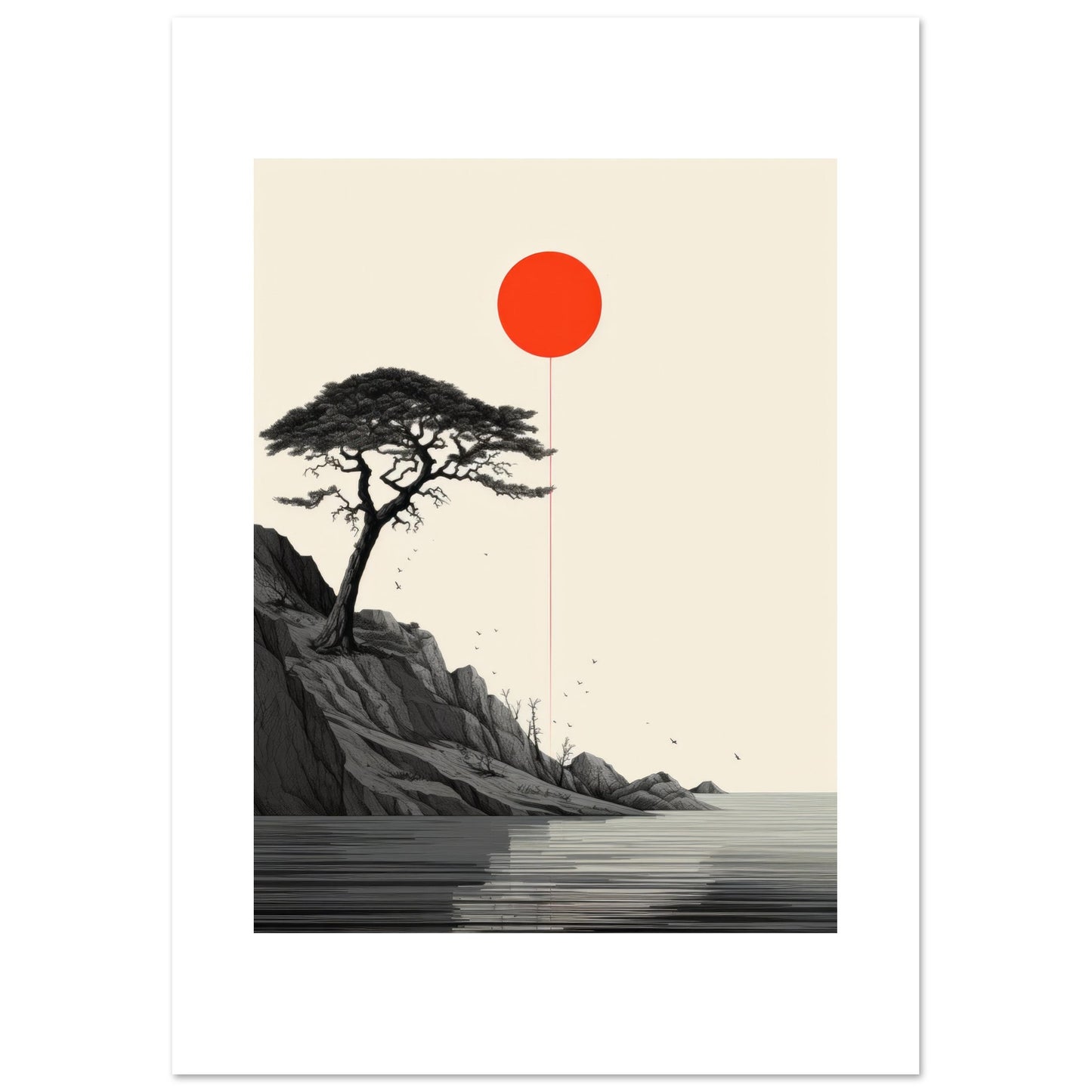 Art print framed in black, depicting a grayscale landscape with a rugged cliff, a solitary tree with detailed branches, and calm waters. Above the tree is a bold red circle, representing the sun or another celestial body, connected to the tree by a thin line.