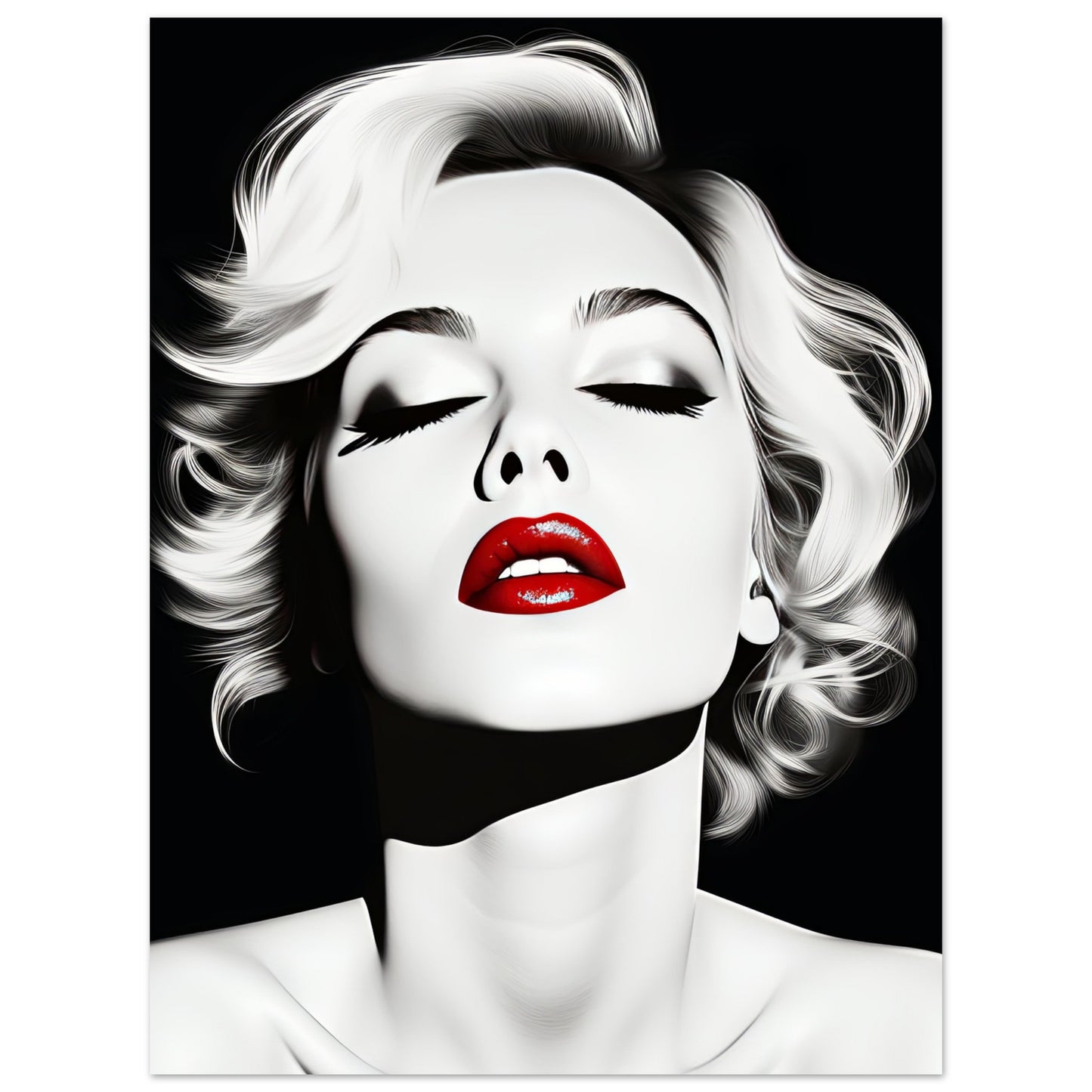 A minimalist portrait titled "M.M." showcasing the iconic Marilyn Monroe in monochrome tones, with her eyes closed and vibrant red lips, set against a deep black background. This contemporary art print captures the essence of the legendary actress in a modern, avant-garde style.