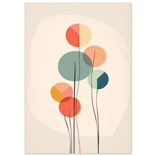 Minimalist wall art titled "Baloons," showcasing abstract representations of balloons in soft orange, teal, and coral hues, anchored by slender lines, set against a gentle backdrop, evoking a sense of tranquility and simplicity.