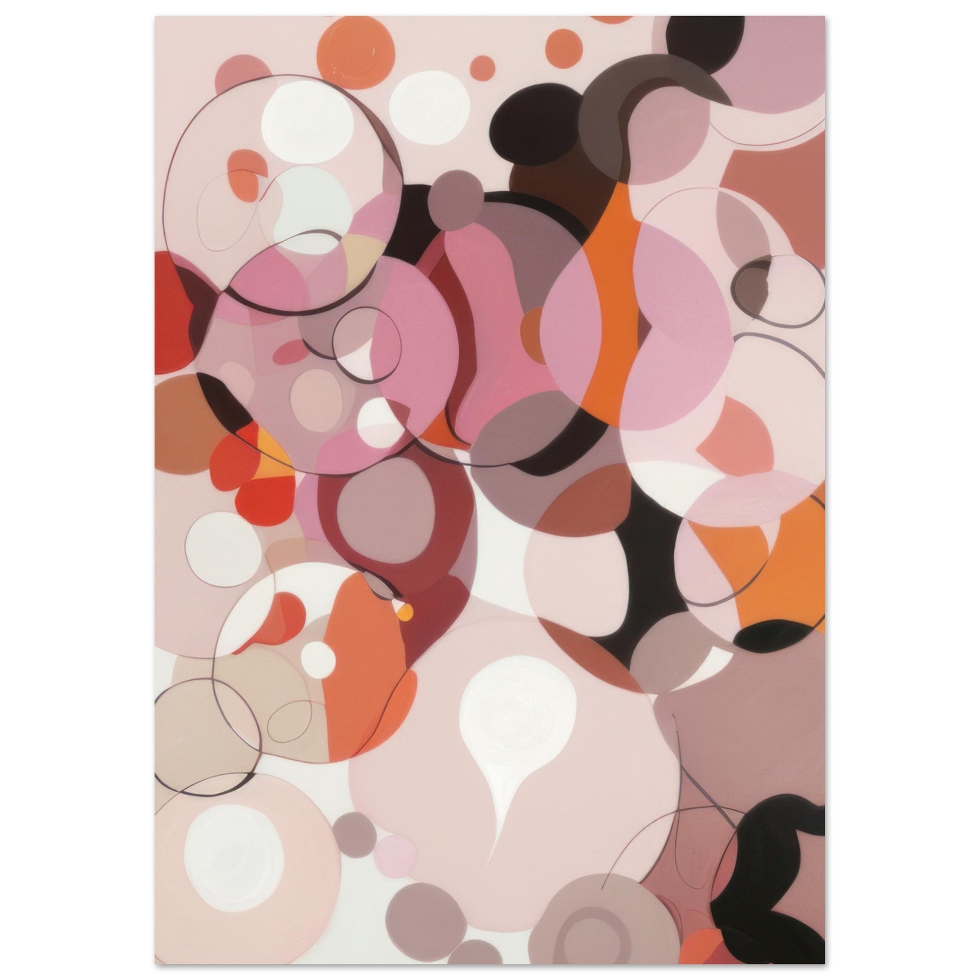 A contemporary art print titled "Rose," showcasing a medley of overlapping circles in shades of pink, red, brown, white, and black, creating a vibrant and abstract representation of blooming roses for wall decor.