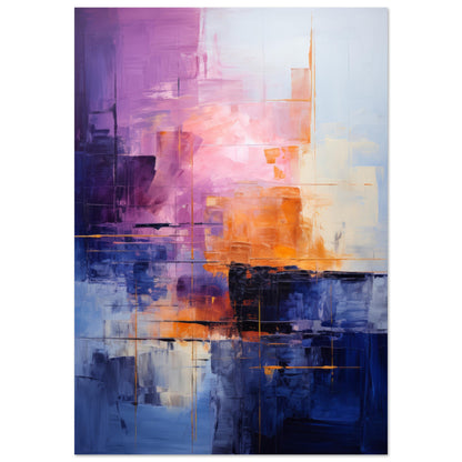 An abstract wall art titled "Morgentau" featuring a blend of vibrant purples, oranges, blues, and pinks. The painting emanates the energy and serenity of morning dew, with chaotic yet harmonious brush strokes representing the beauty of dawn. This contemporary art print is a visual representation of hope and rebirth.