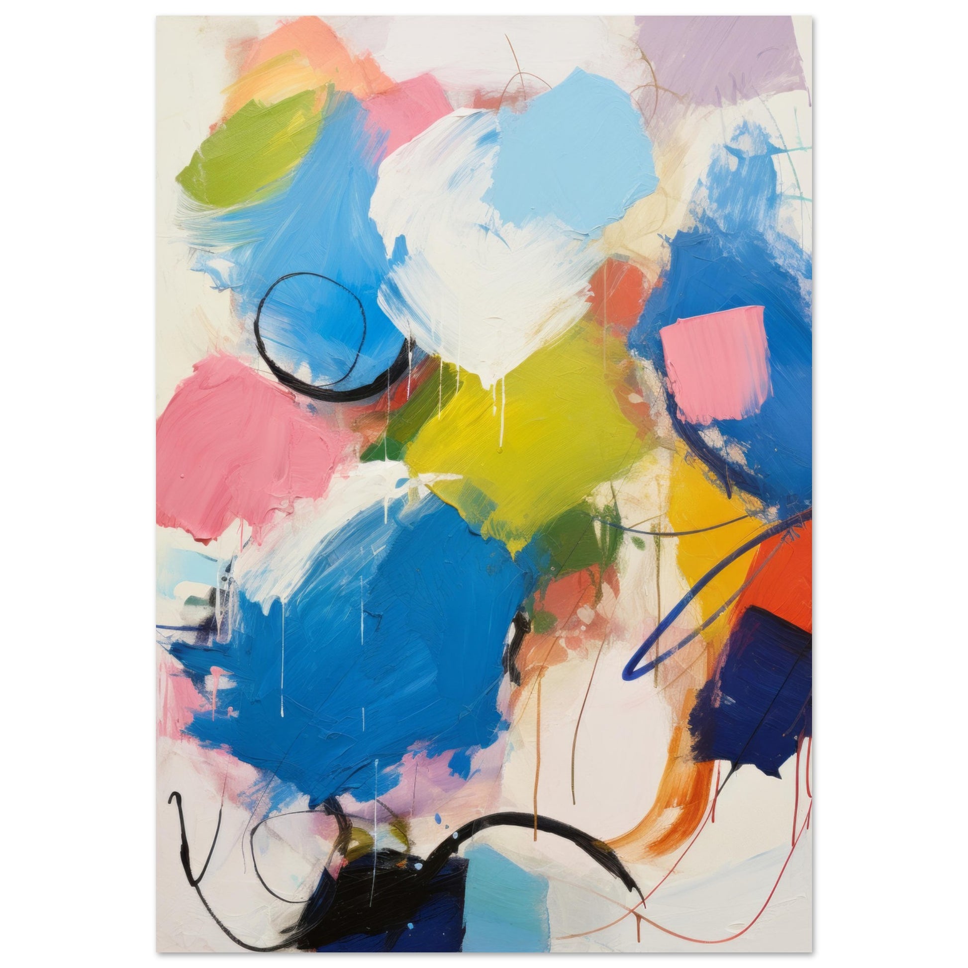 Modern abstract art "Distracted" featuring a vibrant mix of blue, pink, and yellow brush strokes and drips.