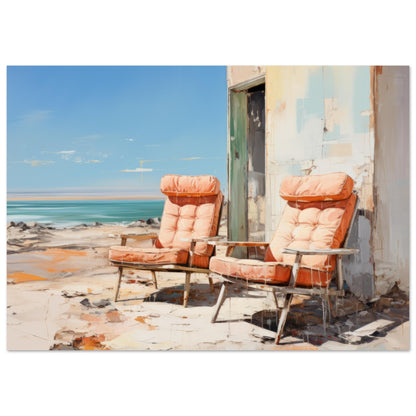 Realistic painting titled "Verlassen" depicting two abandoned orange-cushioned chairs set against a backdrop of a weathered wall and a serene seascape. A framed modern art print that brings a sense of nostalgia and reflection. Perfect for contemporary wall decor.