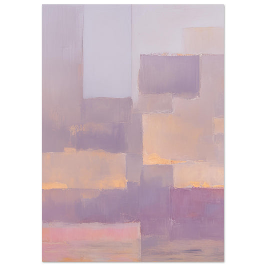 A modern art print titled "Flickenteppich" featuring a patchwork of soft pastel blocks in lilac, mauve, and gold hues, reminiscent of a serene morning sky. An exquisite addition to contemporary wall decor collections.