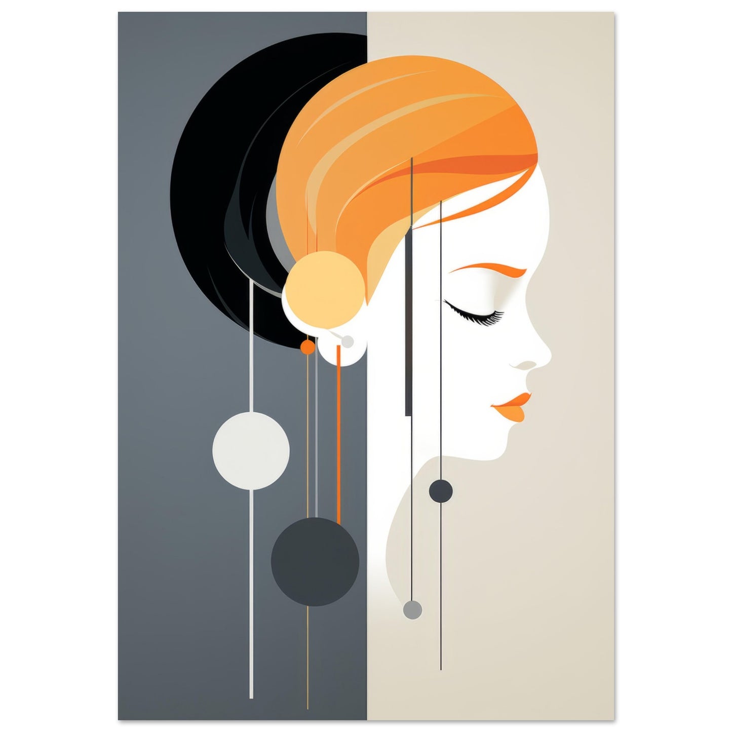 Minimalist modern art print featuring an elegant female face in profile, surrounded by cascading geometric shapes, titled "Heavy Legacy".