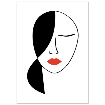 A modern art print titled "Rest in Secrets" showcasing a minimalist black and white woman's face, adorned with striking red lips. Rendered in smooth line art, the face conveys emotion and depth, making it a perfect piece for contemporary wall decor.