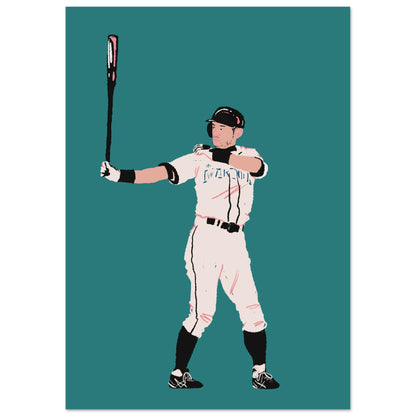 A minimalist graphic print titled "Preparing the Hit" depicting a baseball player in a white uniform against a deep teal background, holding his bat aloft in anticipation of a swing. The design is reminiscent of the iconic stance of Ichiro Suzuki.