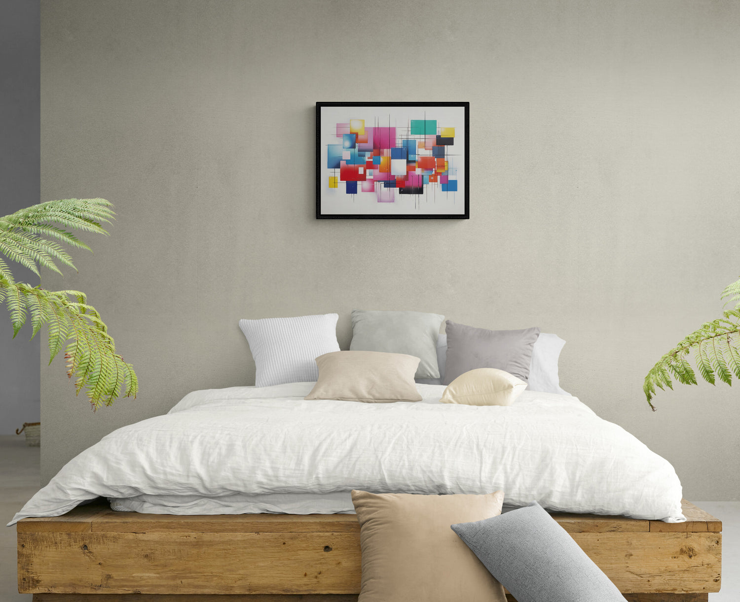 abstract wall art above bohemian style bedroom with tropical plants
