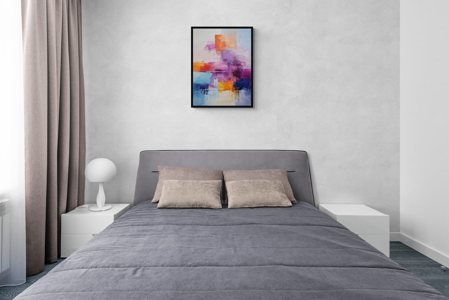 modern wall art above bed in master bedroom