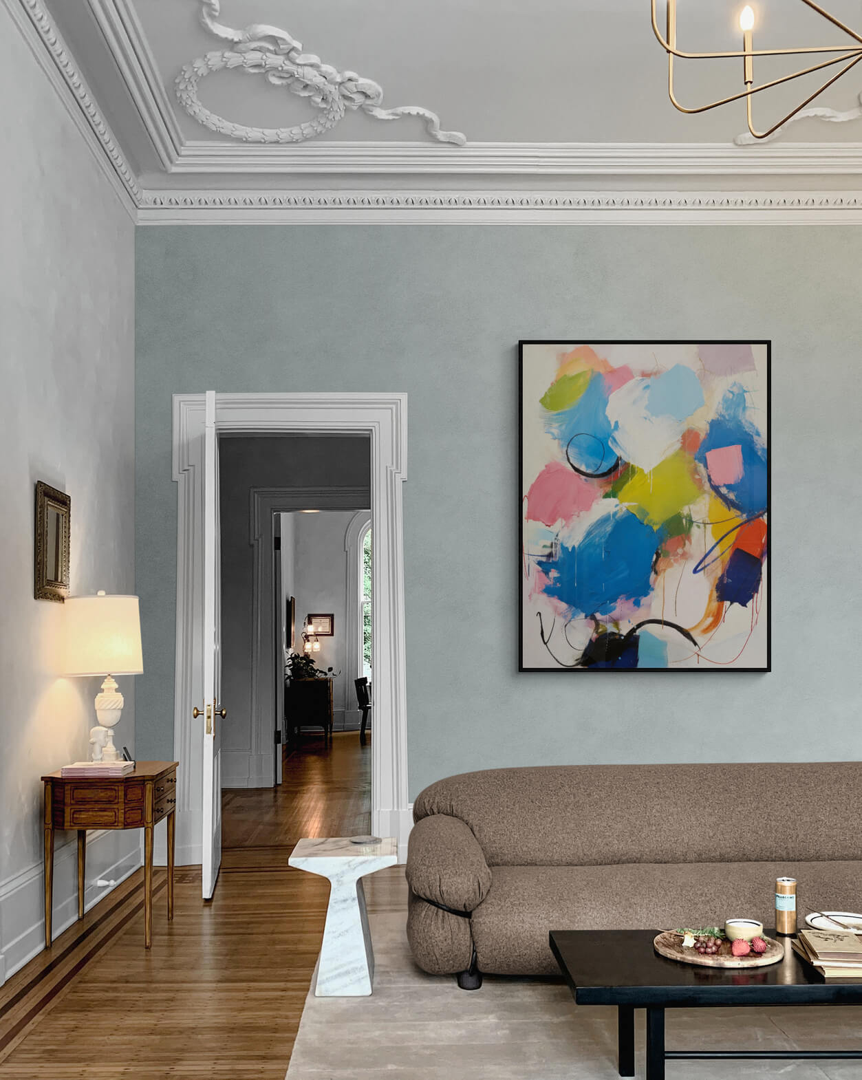 large oversize wall art in elegant living room 