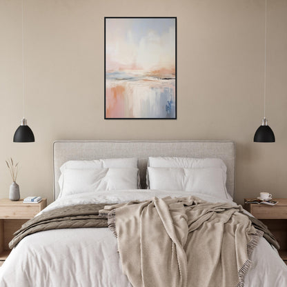 pastel colored wall art above bed in bedroom