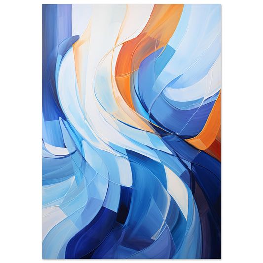 An alluring modern art print titled "Laguna," featuring a cascade of swirling blues intertwined with gentle hints of orange, reflecting the harmonious dance of water and light, creating a sense of depth, fluidity, and calm.