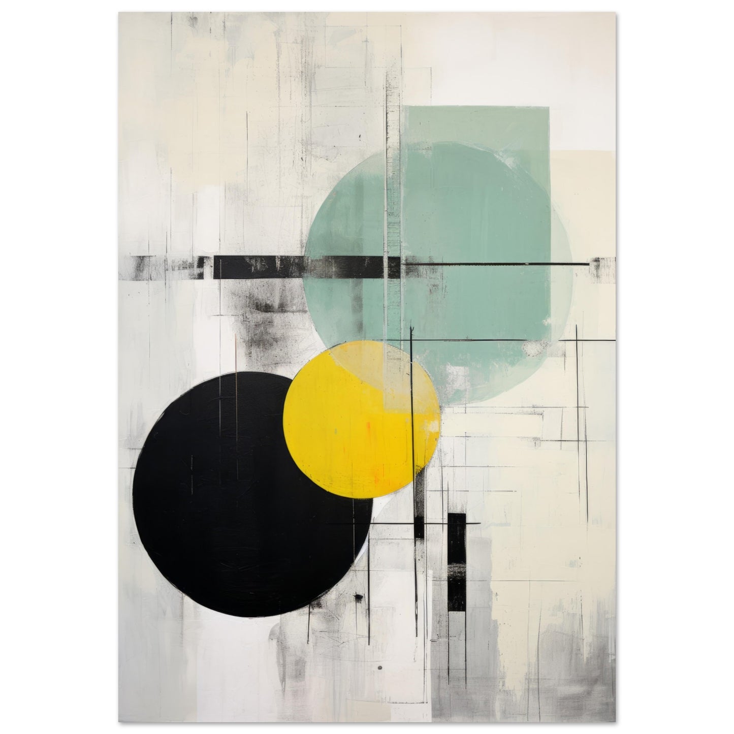 Modern abstract art titled "Trias" with geometric circles in green, yellow, and black, set against a mottled white and grey backdrop, adorned with linear elements. Framed and ready for contemporary wall decor.
