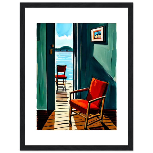 Artwork titled "Tag Ein, Tag Aus" depicting two red chairs in a room with teal walls and a view of the sea.
