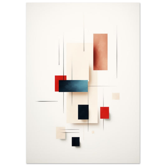 A modern and minimalist abstract art print titled "Clearance", showcasing intersecting lines and floating geometric shapes in a mix of bold reds, deep blues, and soft beige tones. A contemporary piece that captures the spirit of modern art, ideal for enhancing the ambiance of any space.