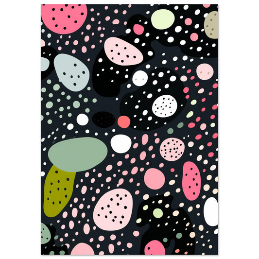 A modern art print titled "Licorice," showcasing a lively interplay of black, pink, and green shapes and dots, creating a dreamlike abstract pattern reminiscent of a candy land or a starlit galaxy. This contemporary wall decor is a feast for the eyes, offering a blend of mystery and charm.
