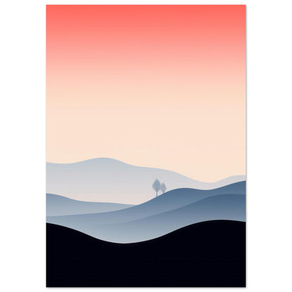 A minimalist modern art print titled "Someone's Someone" depicting a tranquil landscape with two trees amidst vast hills, symbolizing companionship and unity in the infinite expanse of nature. Perfect for contemporary wall decor.